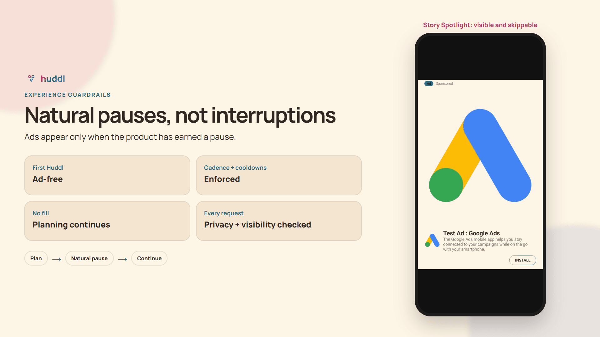 Huddl ad experience guardrails: first Huddl ad-free, cadence and cooldowns, planning continues after no fill, and privacy and visibility checked for every request.