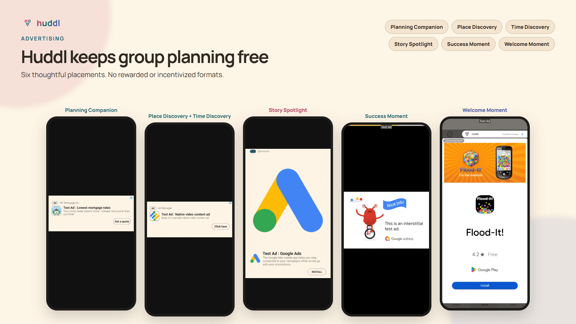 Huddl placement map showing Planning Companion, Place and Time Discovery, Story Spotlight, Success Moment, and Welcome Moment in the app.