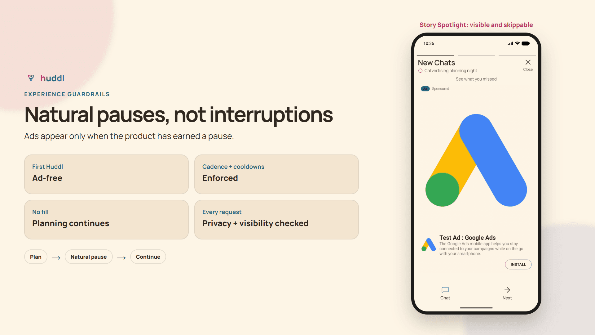 Huddl ad experience guardrails: first Huddl ad-free, cadence and cooldowns, planning continues after no fill, and privacy and visibility checked for every request.