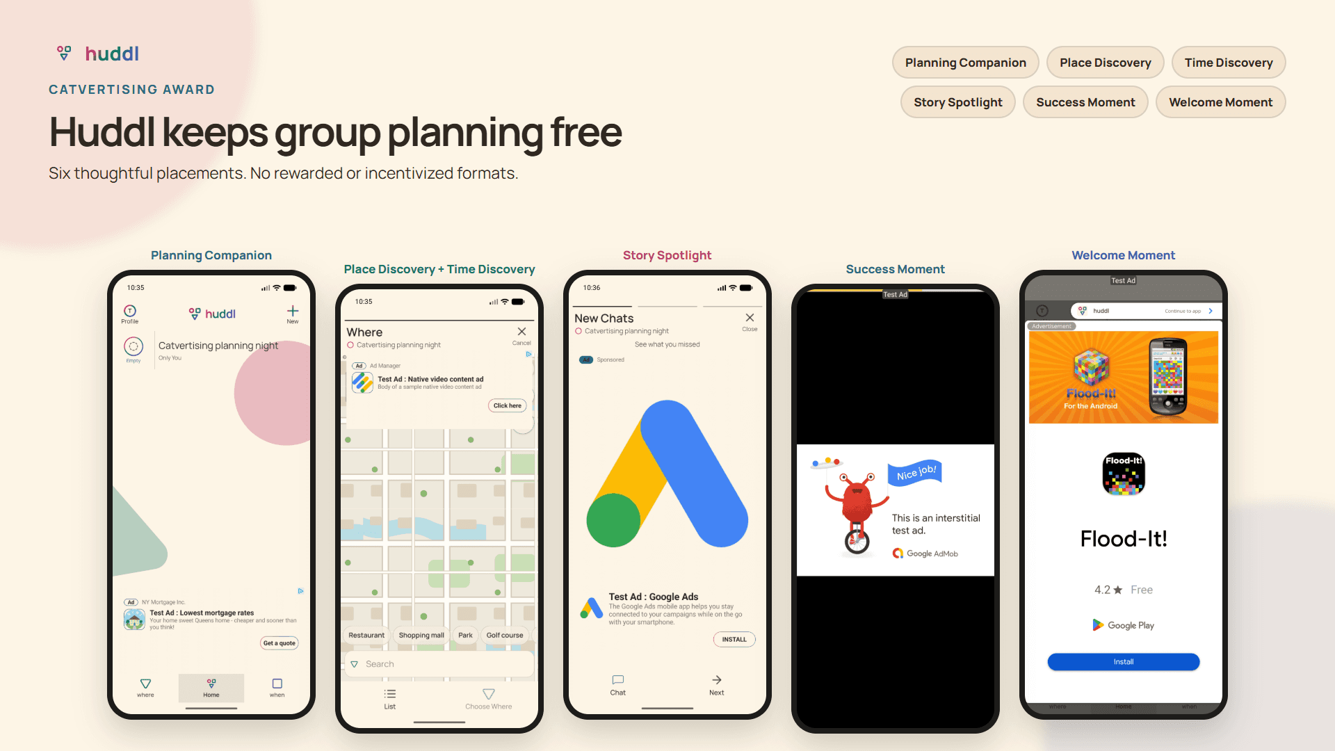 Huddl placement map showing Planning Companion, Place and Time Discovery, Story Spotlight, Success Moment, and Welcome Moment in the app.