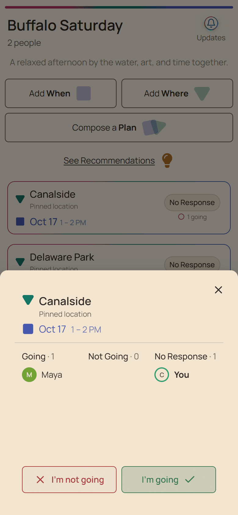Huddl expanded plan and attendance in the current app, using a fictional Saturday picnic example