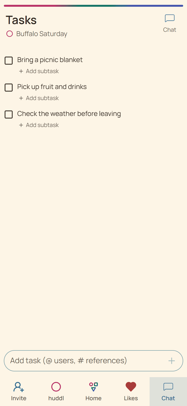 Huddl shared tasks in the current app, using a fictional Saturday picnic example