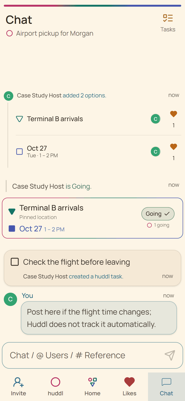 Huddl workflow screen showing the fictional an airport pickup planning case study in progress