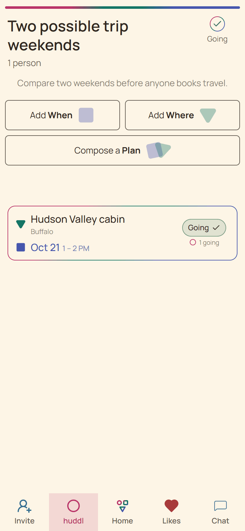 Huddl workflow screen showing the fictional two possible trip weekends planning case study in progress