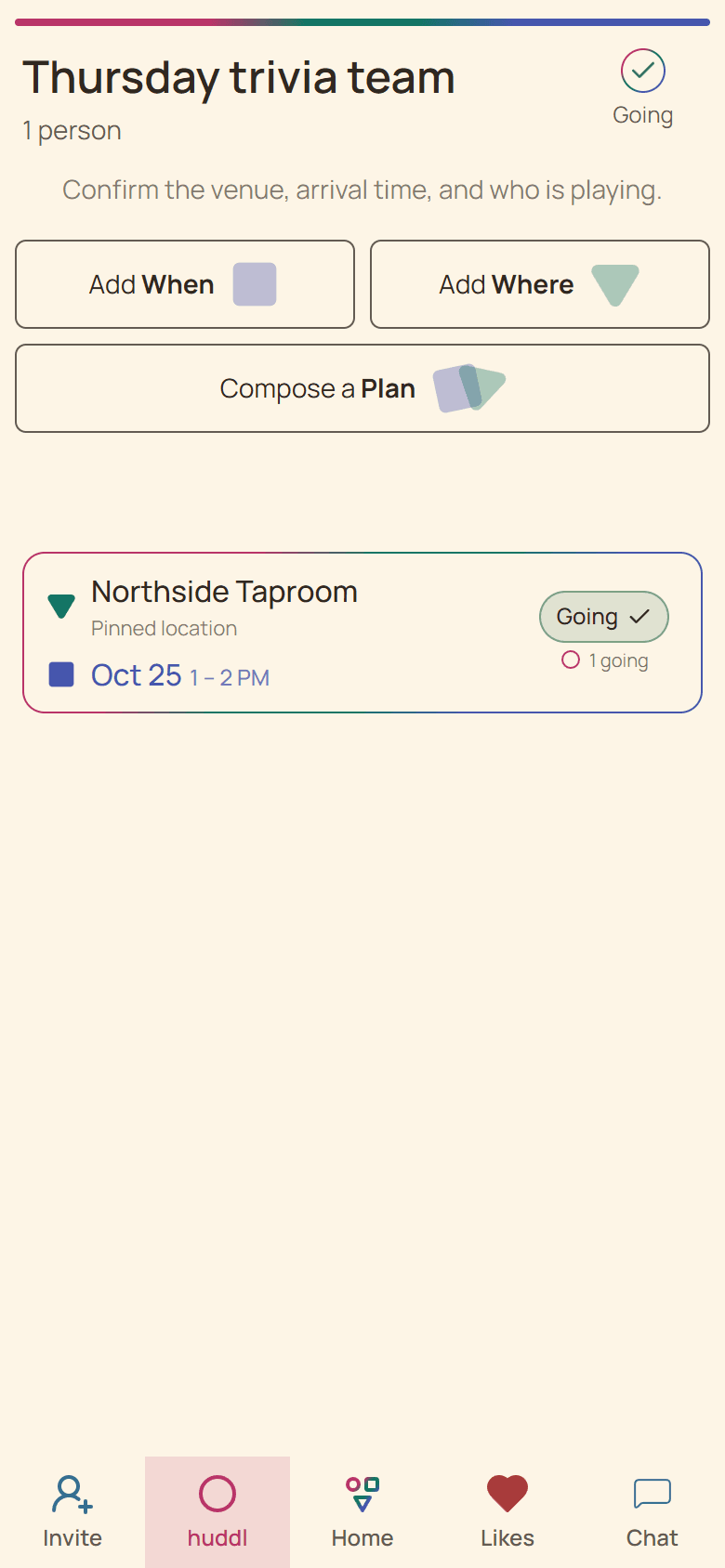 Huddl workflow screen showing the fictional trivia night planning case study in progress