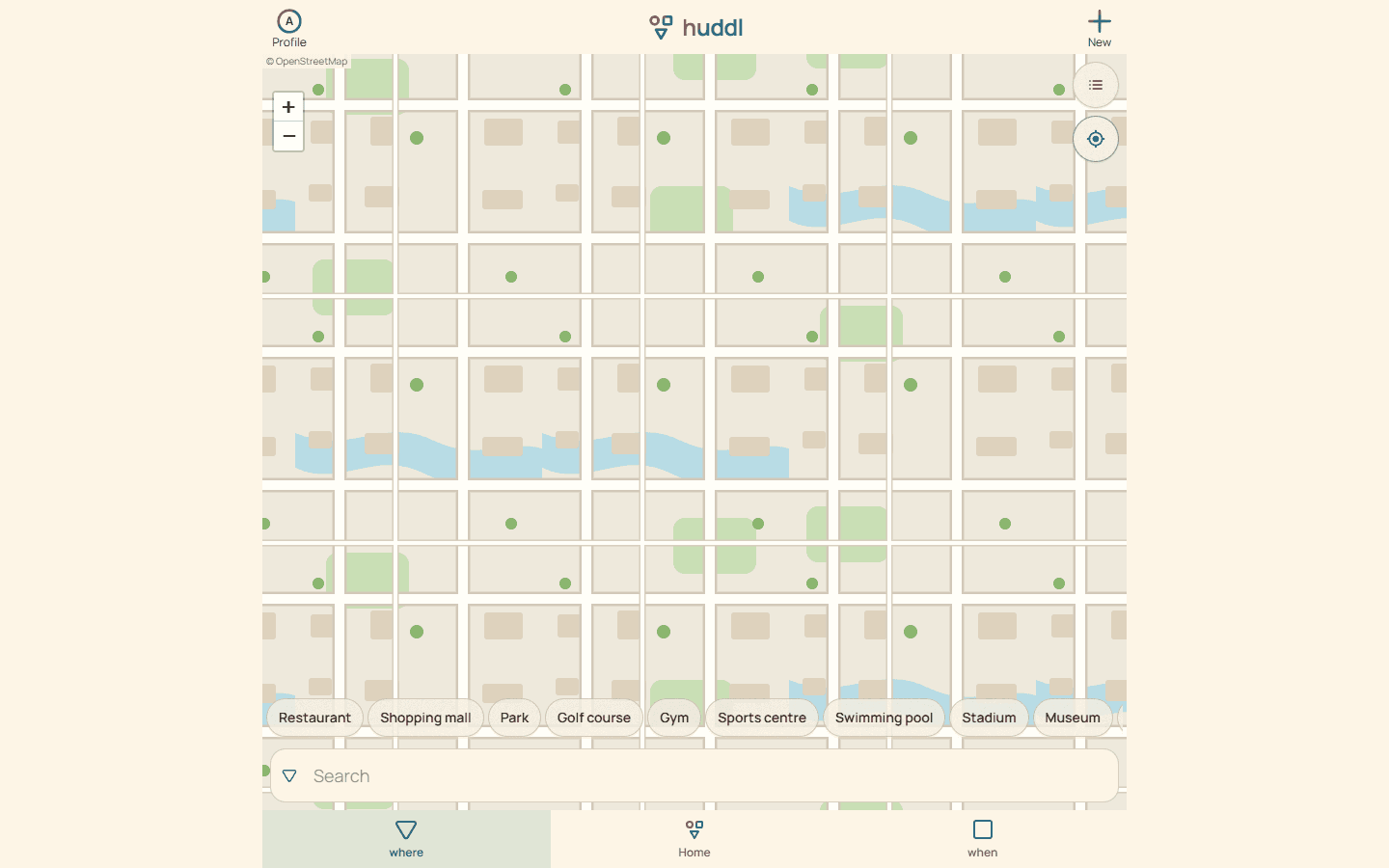 Desktop Huddl place browser showing the wider map and location controls for a fictional planning example.