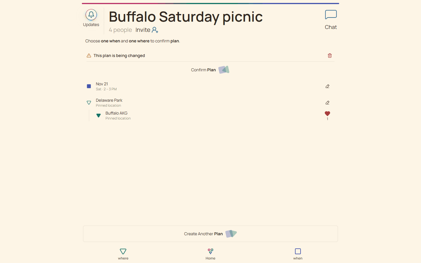 Desktop Huddl card showing a changed plan with its saved place and date, before renewed confirmation and attendance.