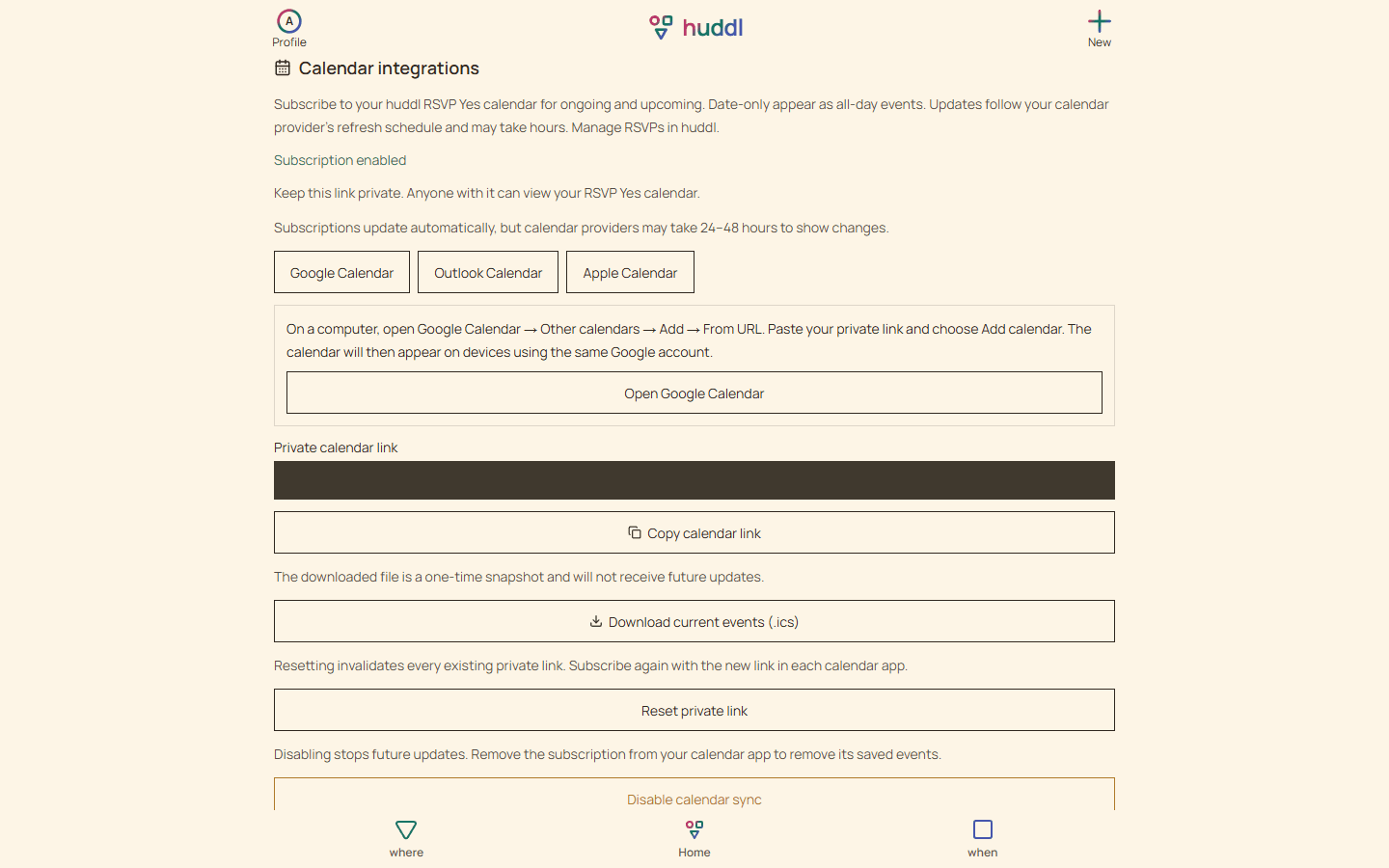 Current Huddl Profile controls showing desktop calendar subscription controls, with a fictional profile