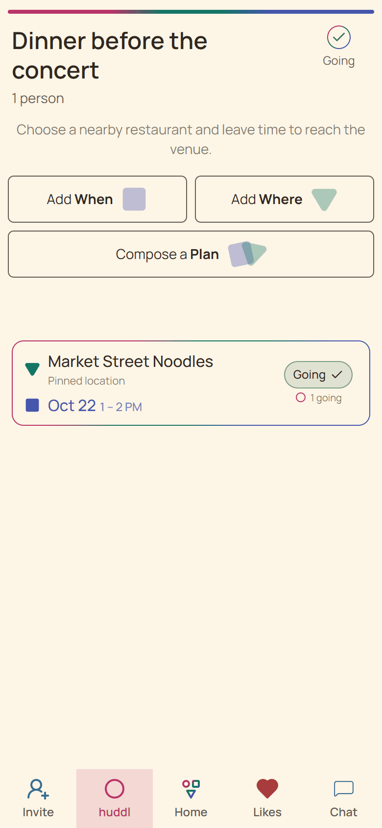 Huddl workflow screen showing the fictional dinner before a concert planning case study in progress