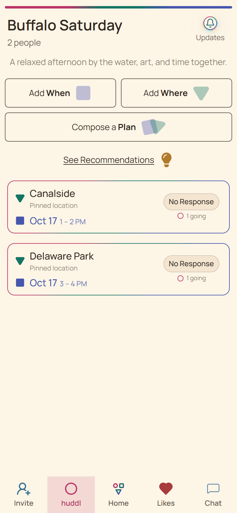 Huddl product screen showing the shared overview