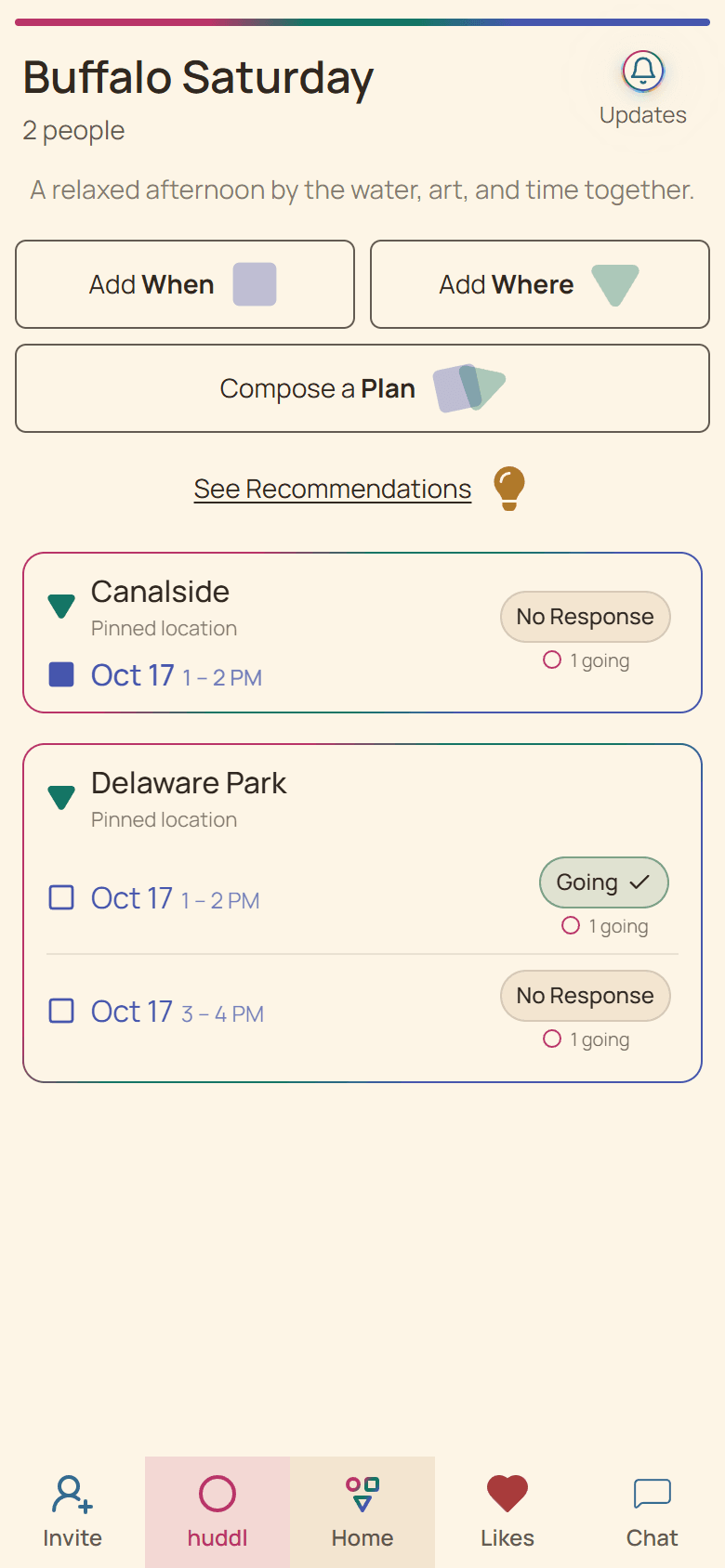 Huddl product screen showing a newly created plan