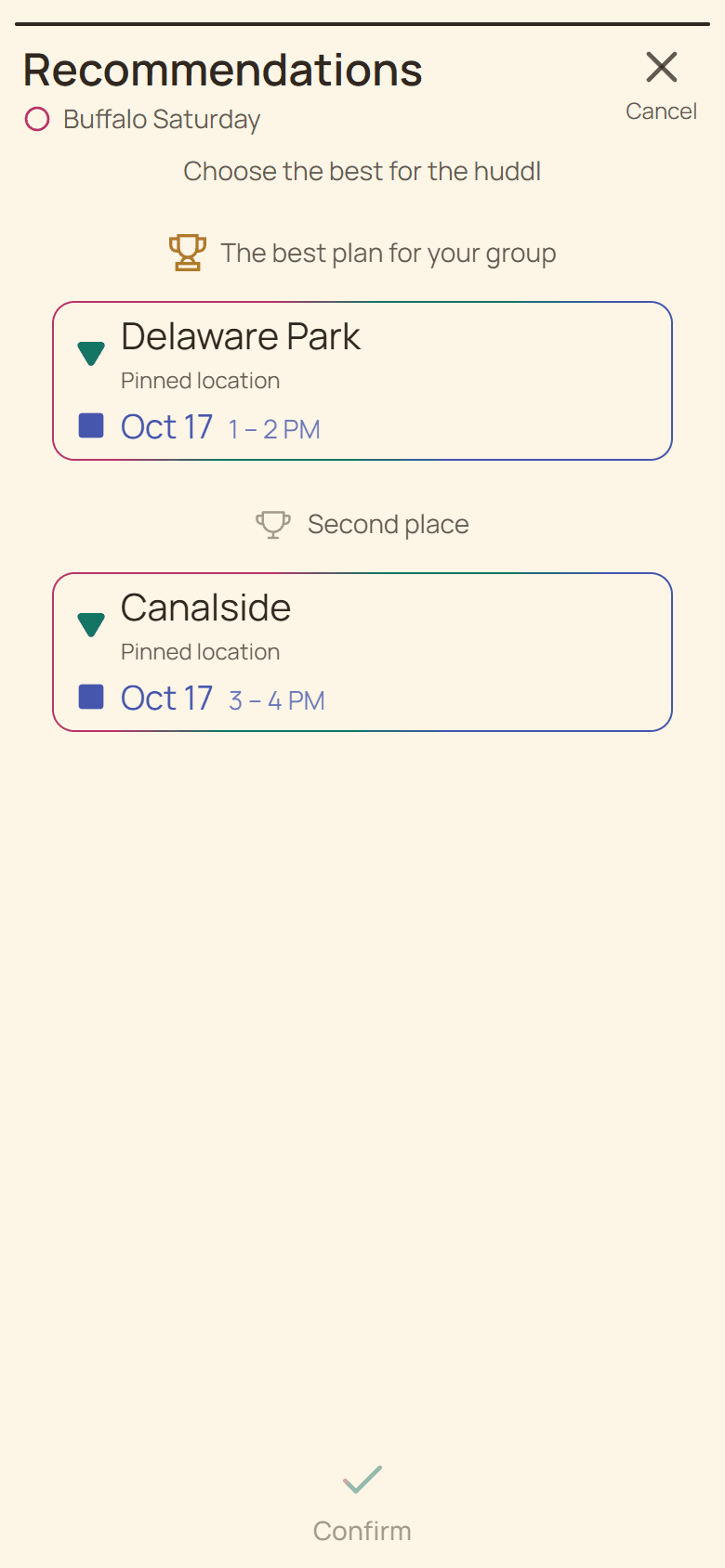 Huddl product screen showing recommended plan pairings