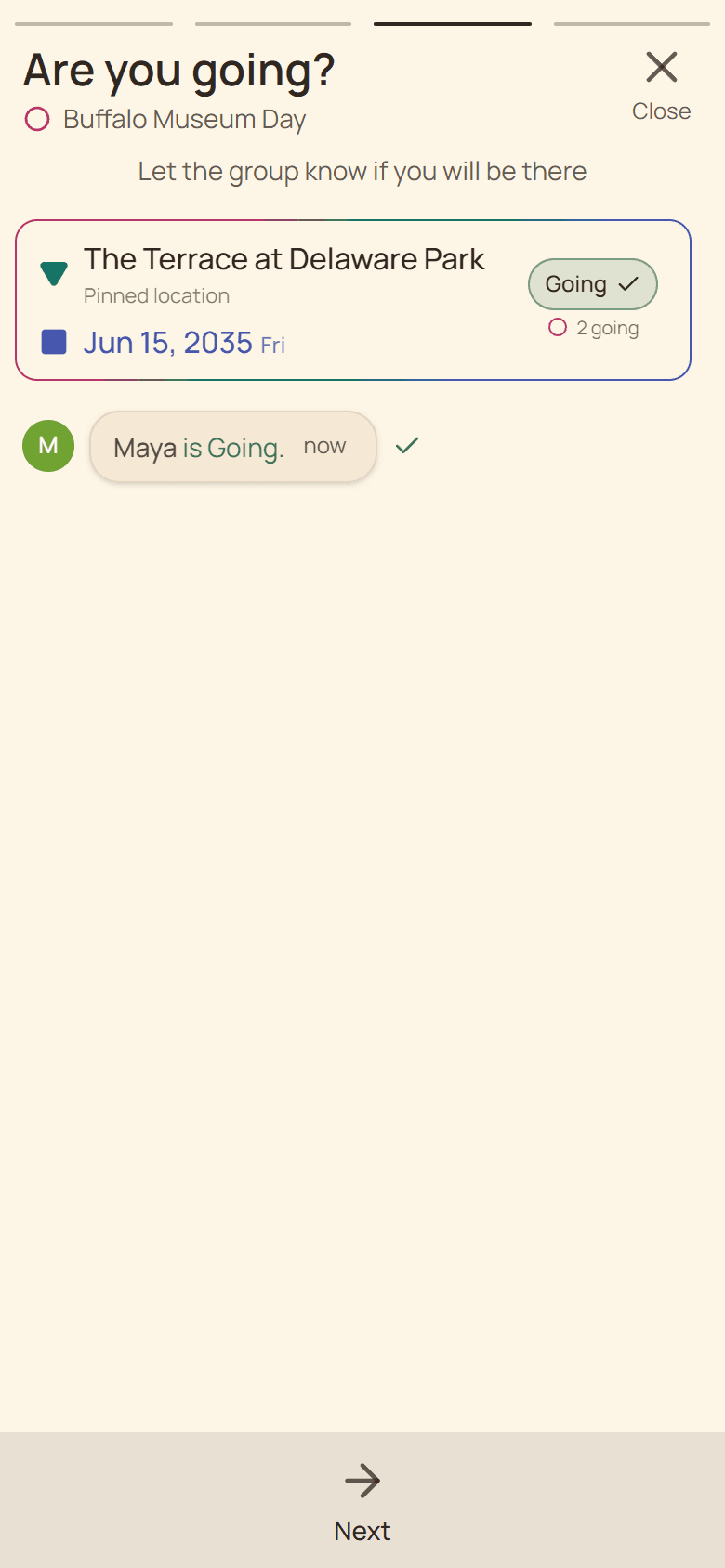 Huddl product screen showing a changed RSVP