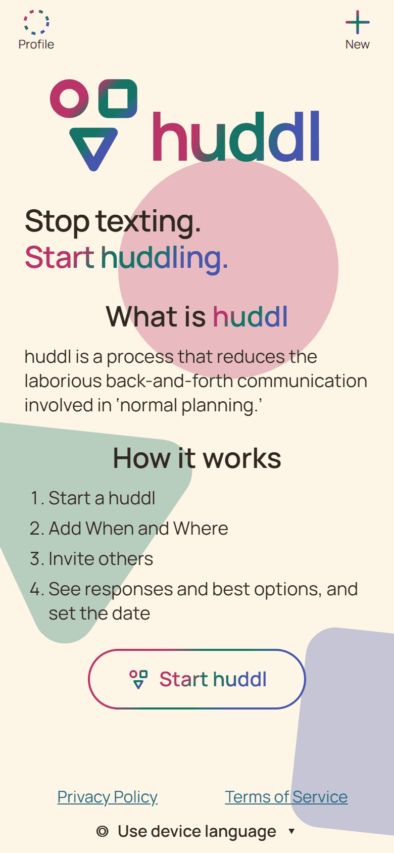 Huddl product screen showing open the public starting point