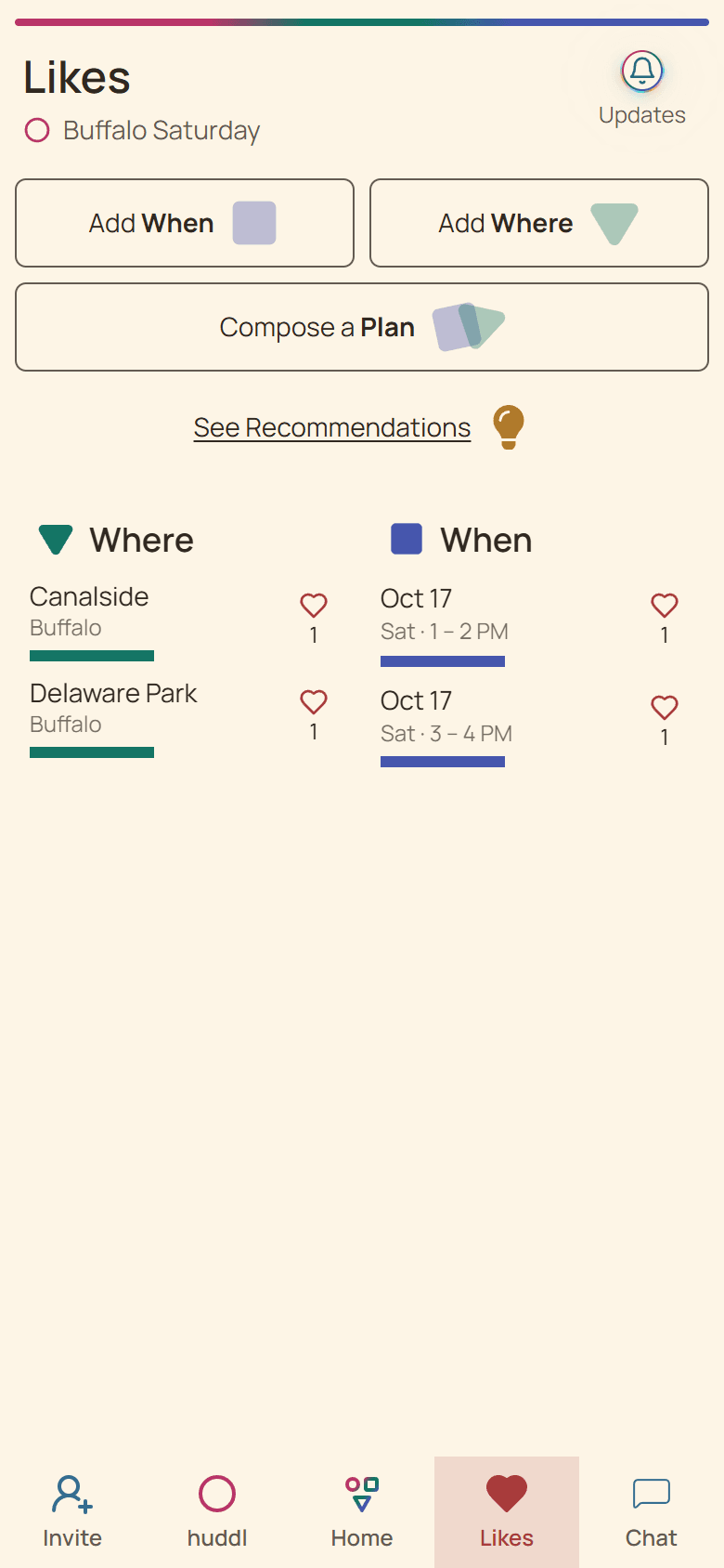 Huddl product screen showing recorded place preferences