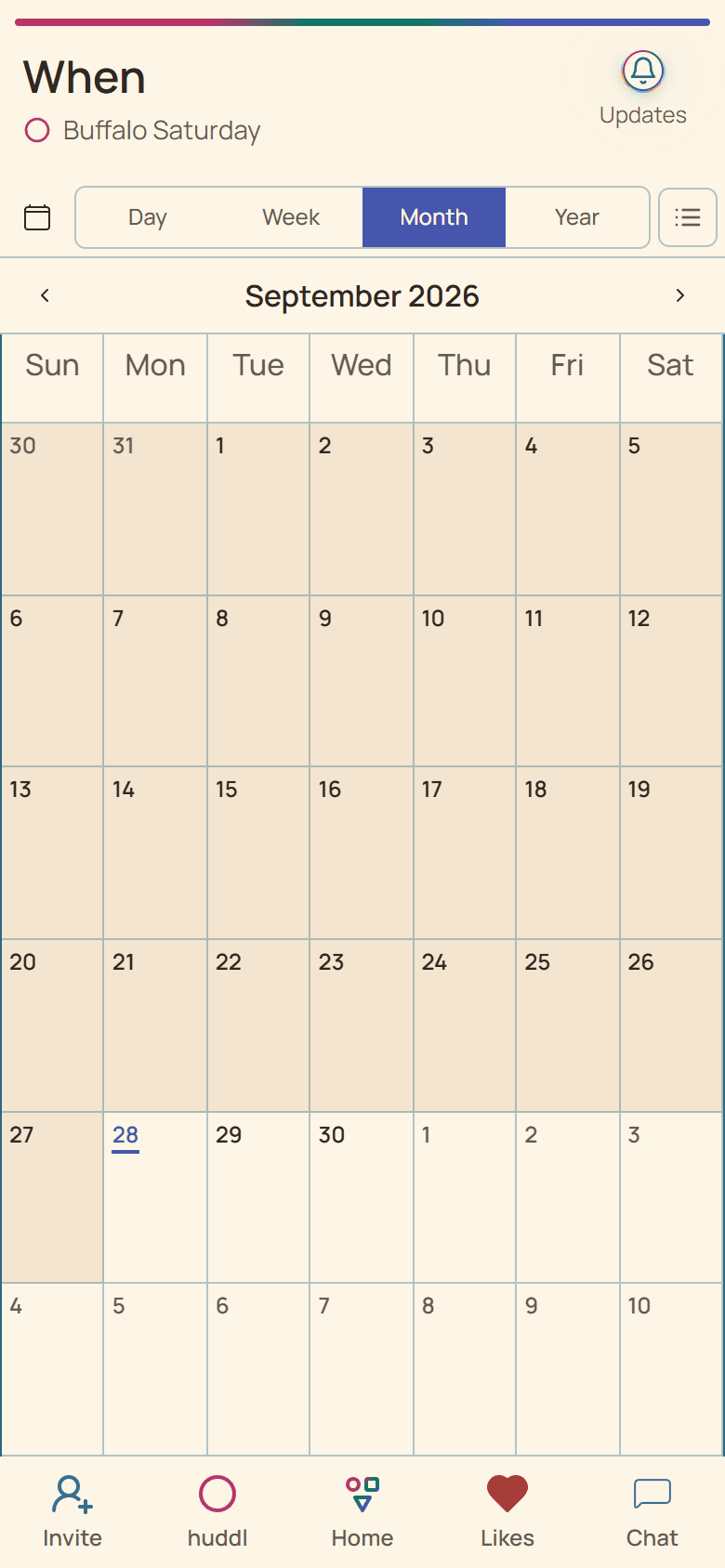 Huddl product screen showing the When calendar