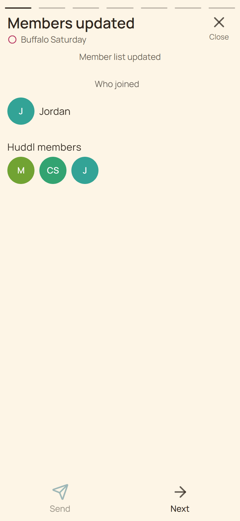 Huddl product screen showing member activity in Updates