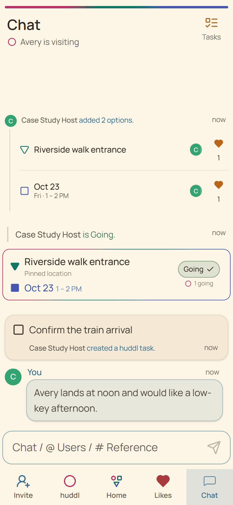 Huddl workflow screen showing the fictional a visit from out of town planning case study in progress