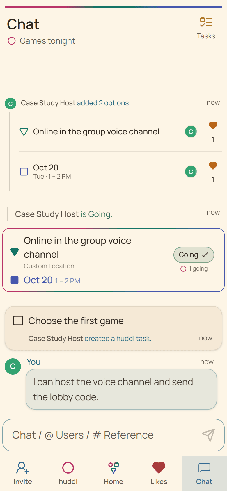 Huddl workflow screen showing the fictional gaming tonight planning case study in progress