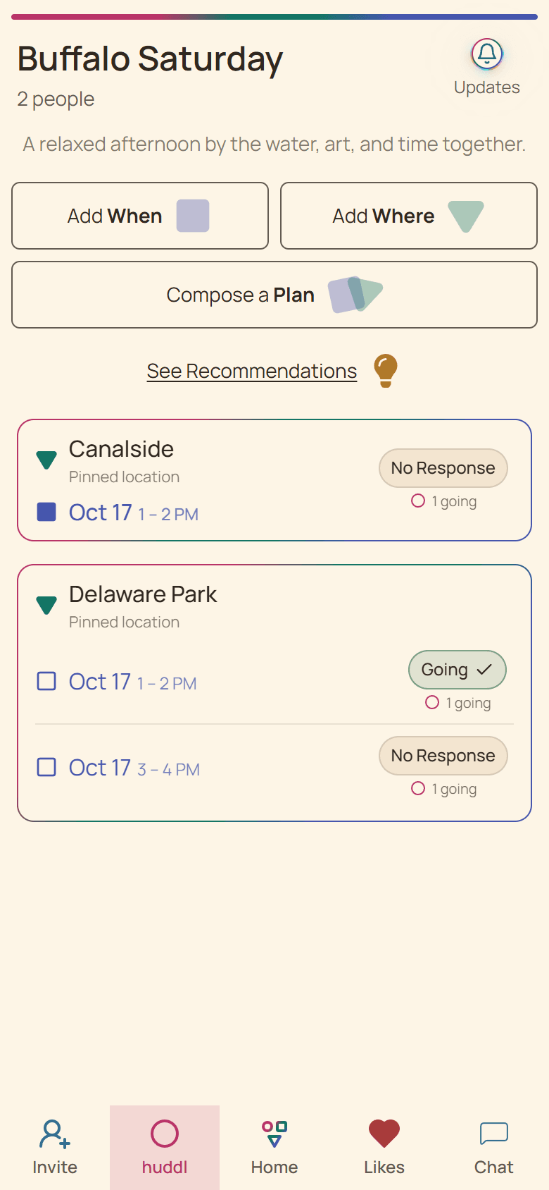 Huddl shared plan overview in the current app, using a fictional Saturday picnic example