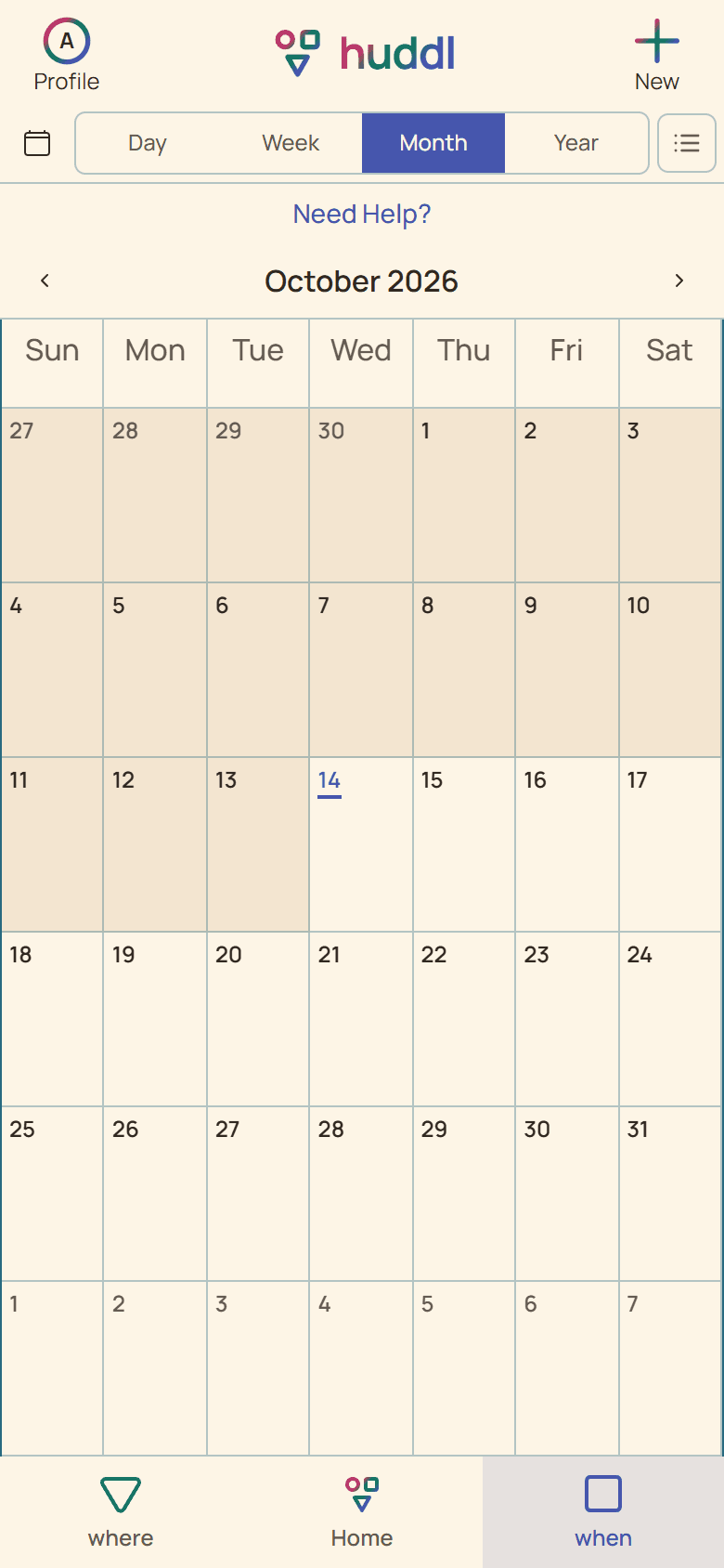 Huddl global calendar browsing in the current app, with fictional participants and planning details