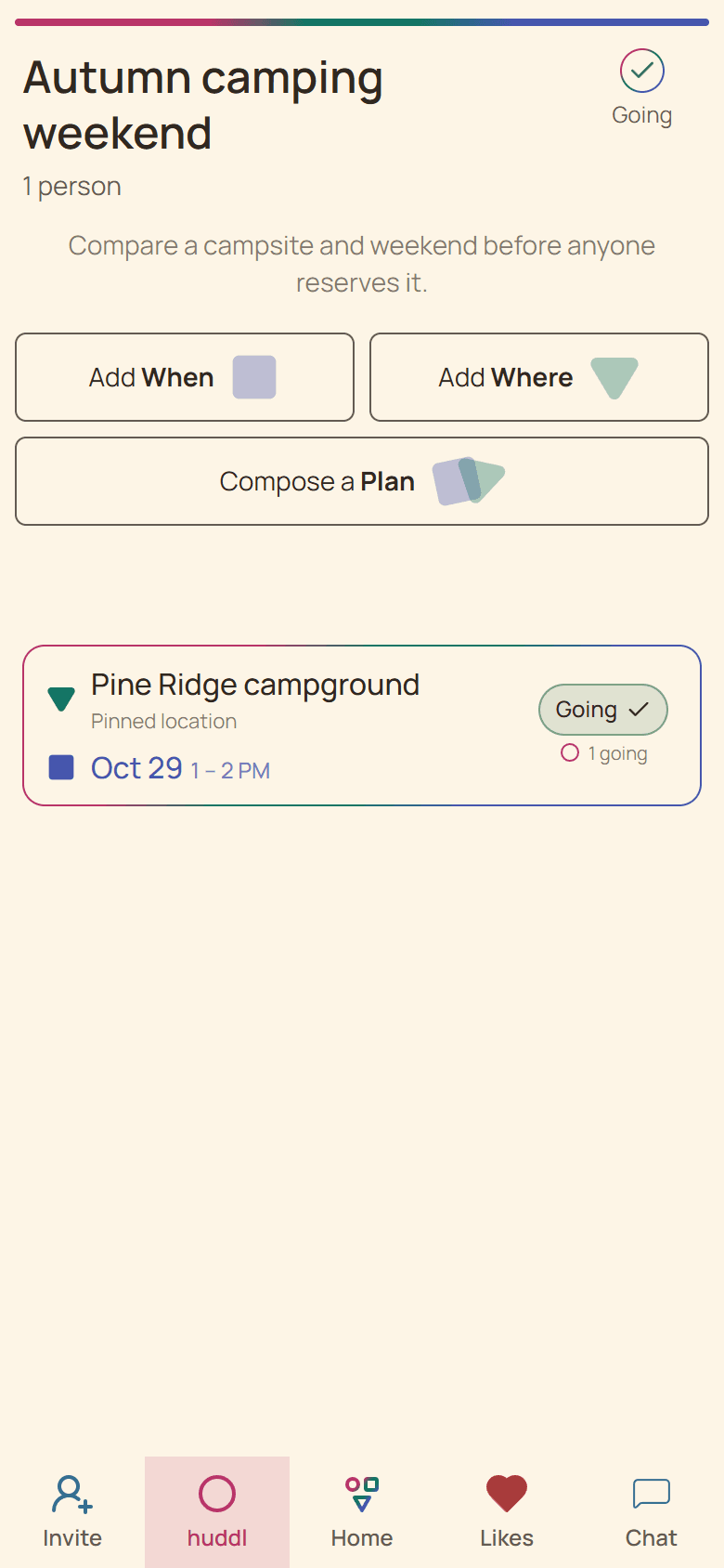 Huddl workflow screen showing the fictional a camping weekend planning case study in progress