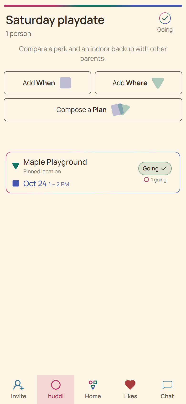 Huddl workflow screen showing the fictional a parent playdate planning case study in progress