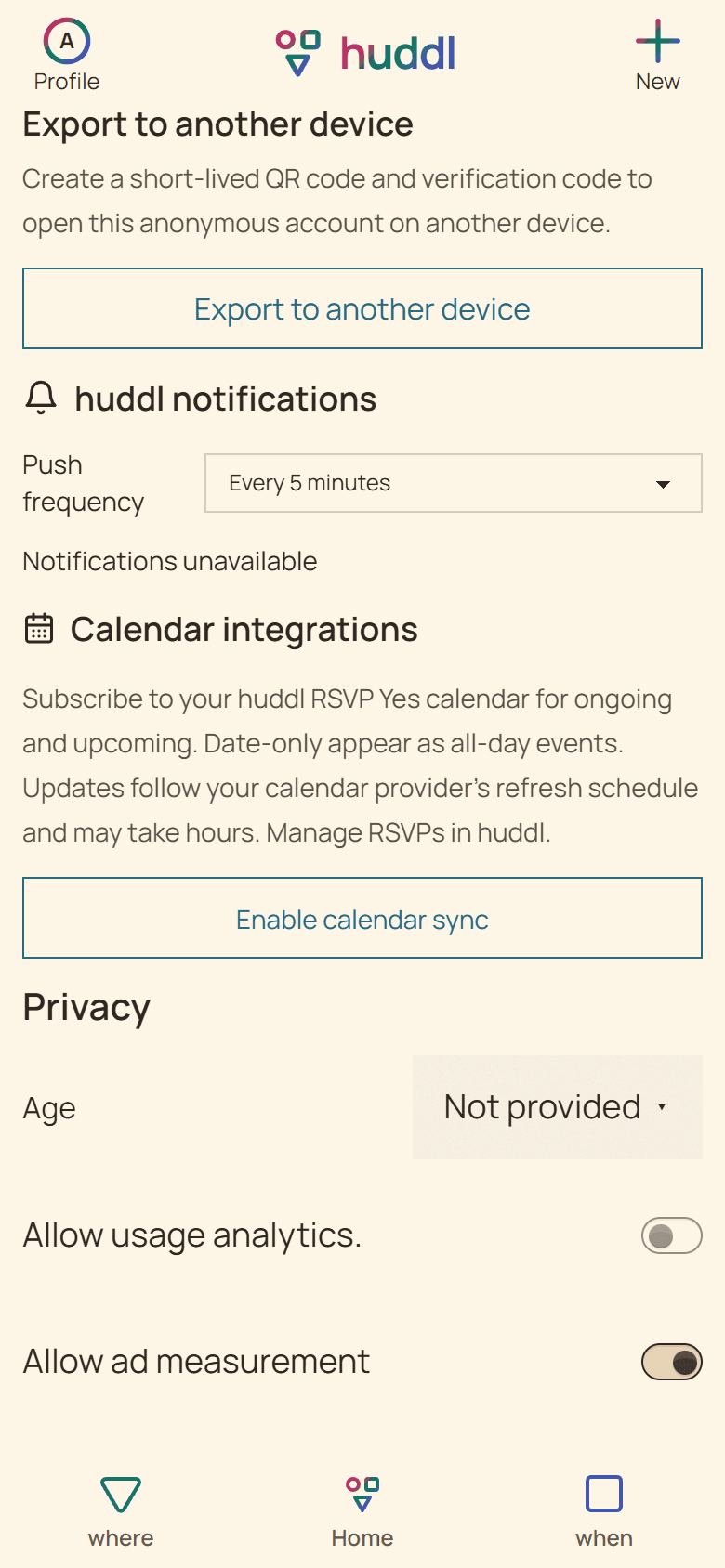 Current Huddl Profile controls showing Calendar integrations before enabling the subscription, with a fictional profile