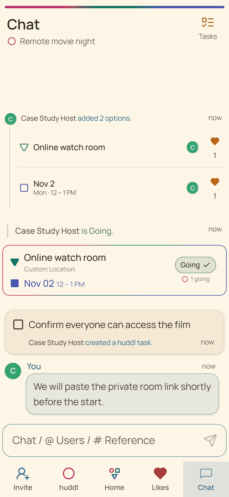 Huddl workflow screen showing the fictional a remote movie night planning case study in progress