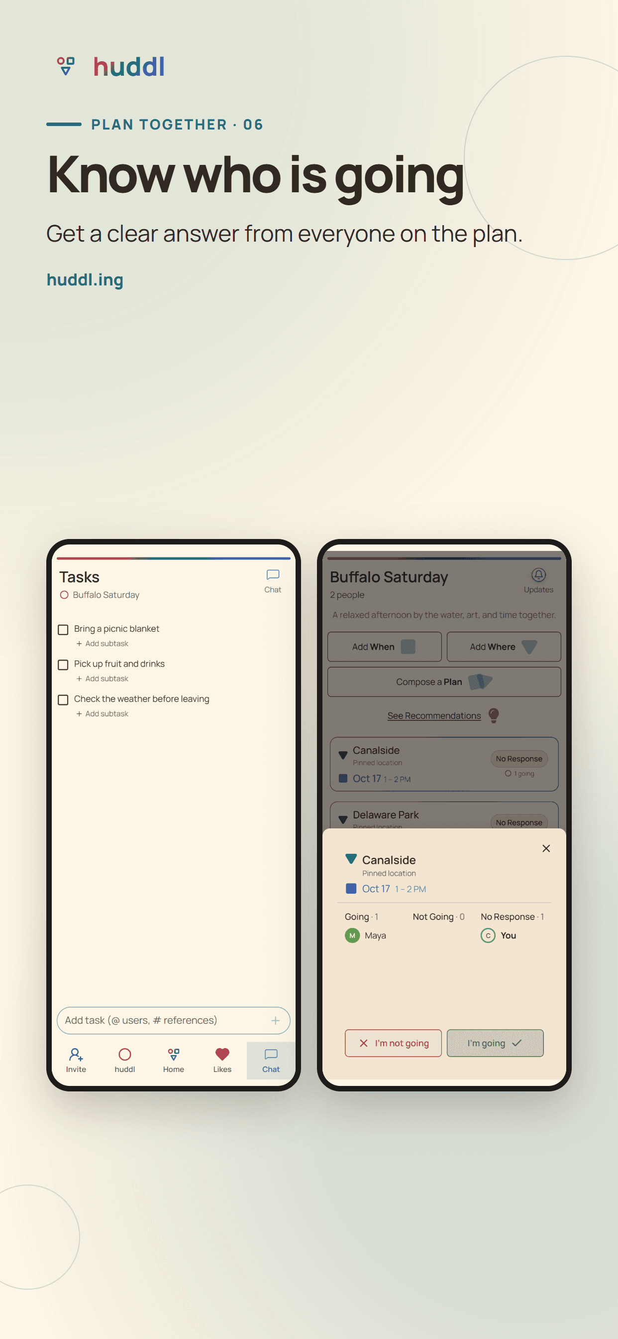 App Store promotional graphic showing Huddl plan cards and attendance